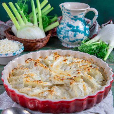Finocchi al forno gratinati con besciamella dorata, disposti a ventaglio nella teglia