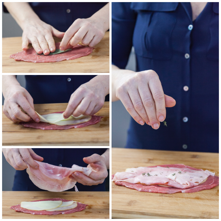 Fette di manzo farcite con formaggio, prosciutto e timo pronte da arrotolare