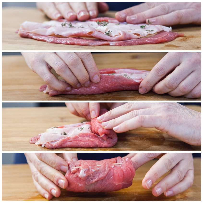 Fetta di carne farcita che viene arrotolata a mano fino a formare un involtino compatto