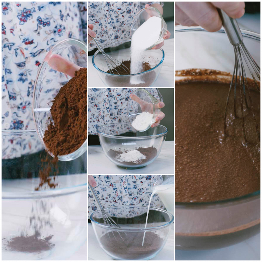 Polveri di cacao, zucchero e farina mescolate con latte a filo fino a ottenere una glassa liscia