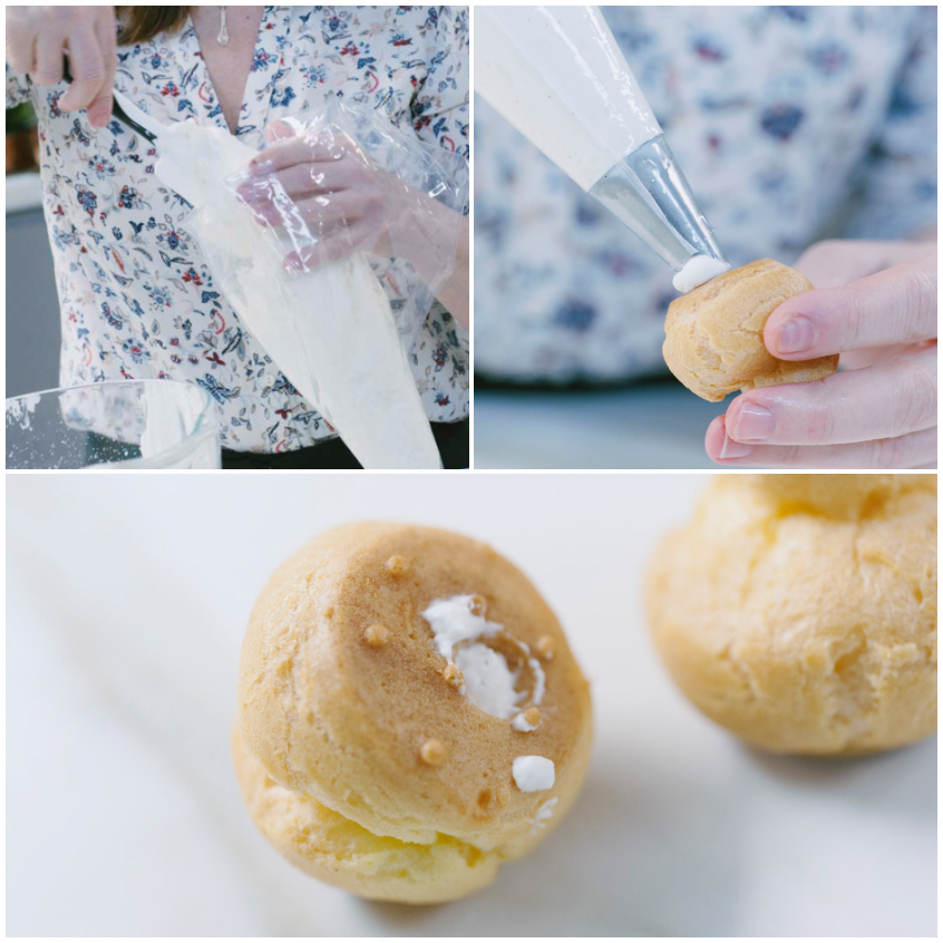 Bignè farciti con crema chantilly tramite sac-à-poche, pronti per i profiteroles