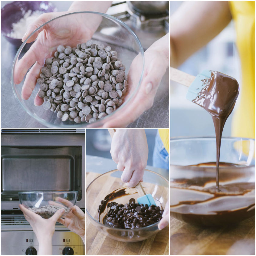 Gocce di cioccolato fondente sciolte al microonde e mescolate fino a ottenere una crema fluida