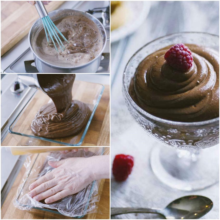 Crema pasticciera al cioccolato versata in pirofila e coperta con pellicola a contatto