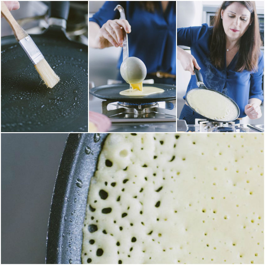 Pastella versata a mestolo sulla padella calda, poi distribuita ruotando fino a formare una crepe sottile con bollicine in superficie
