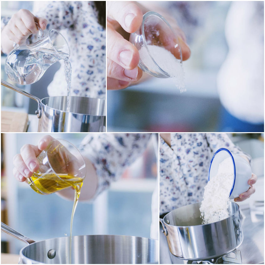 Acqua, sale, olio extravergine e farina versati in pentola per preparare gli gnocchi senza patate
