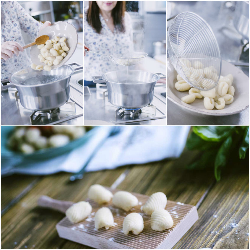 Gnocchi senza patate versati in acqua bollente, scolati e disposti pronti per il condimento