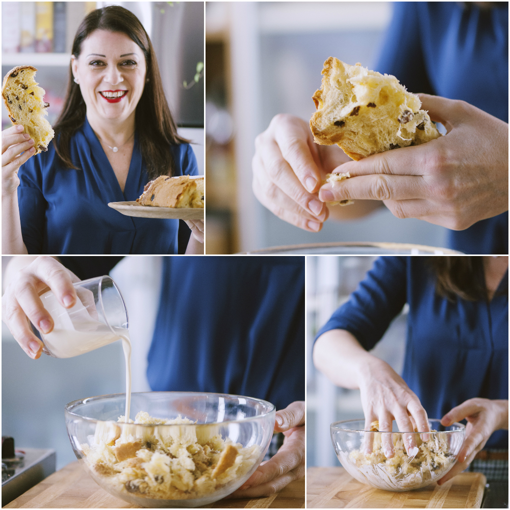 Mani che amalgamano pezzi di panettone con panna in una ciotola