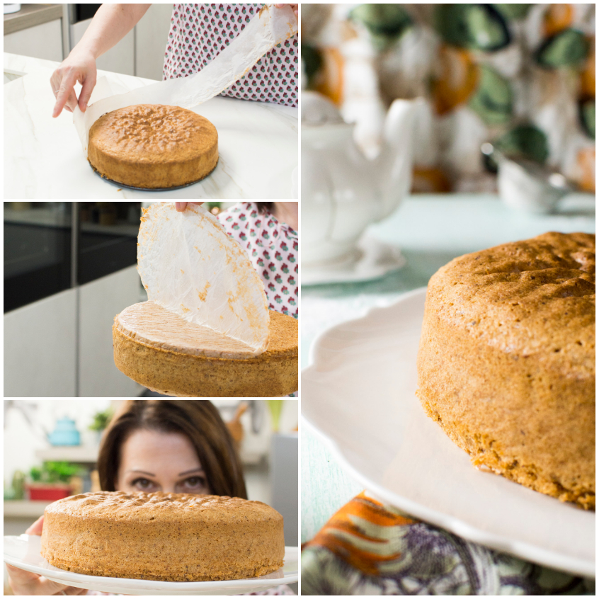 Torta alle nocciole sformata e liberata dalla carta da forno, pronta da servire