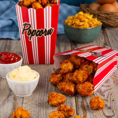 Popcorn di pollo croccanti in coppette da popcorn con ketchup e maionese per accompagnare