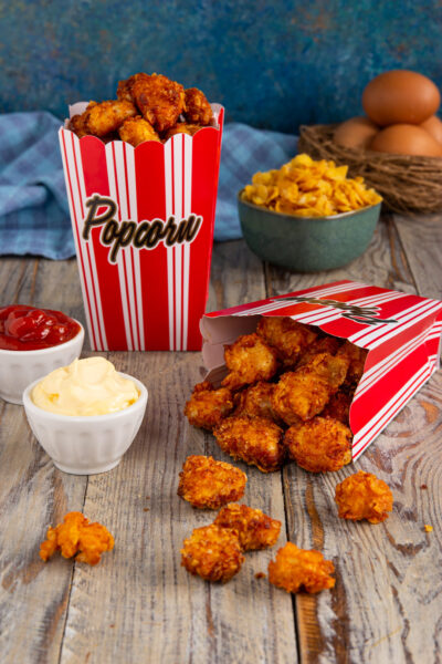 Popcorn di pollo croccanti in coppette da popcorn con ketchup e maionese per accompagnare