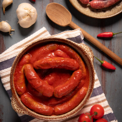 Salsiccia al sugo immersa in una salsa di pomodoro densa, servita con peperoncini e aglio