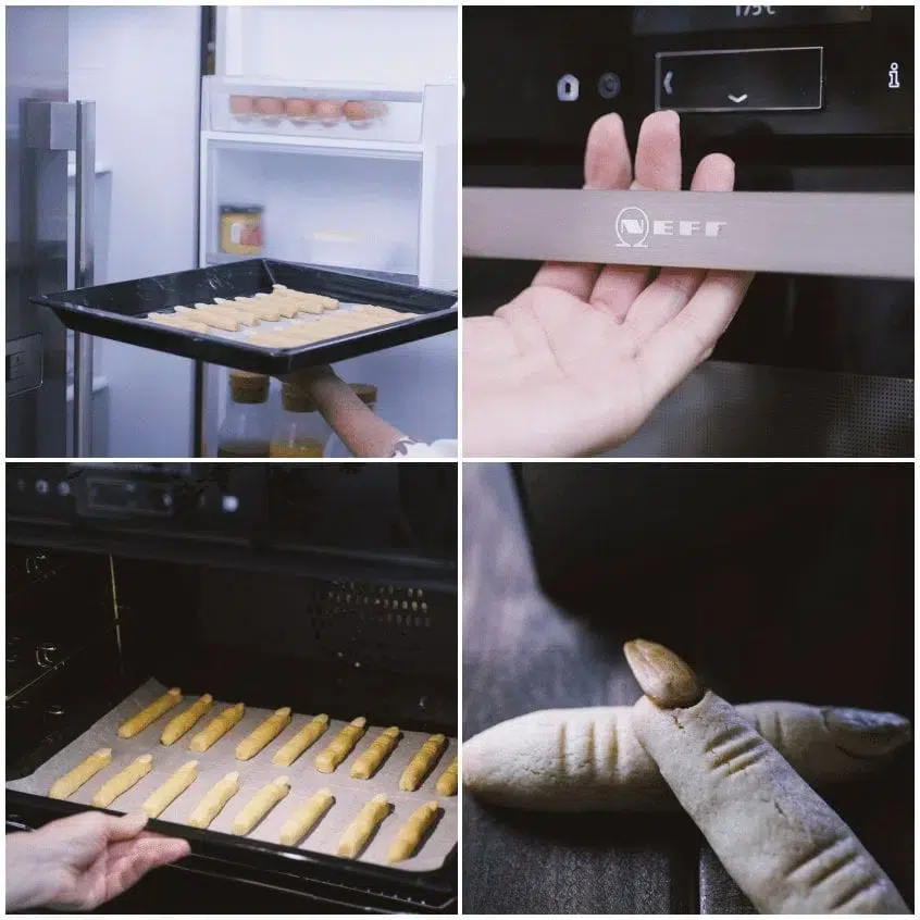 Biscotti a forma di dita con mandorla in punta, prima e dopo la cottura in forno