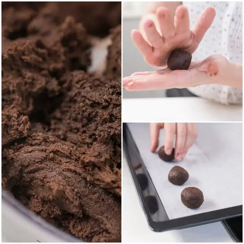 Palline di impasto al cacao formate a mano e disposte distanziate su teglia foderata