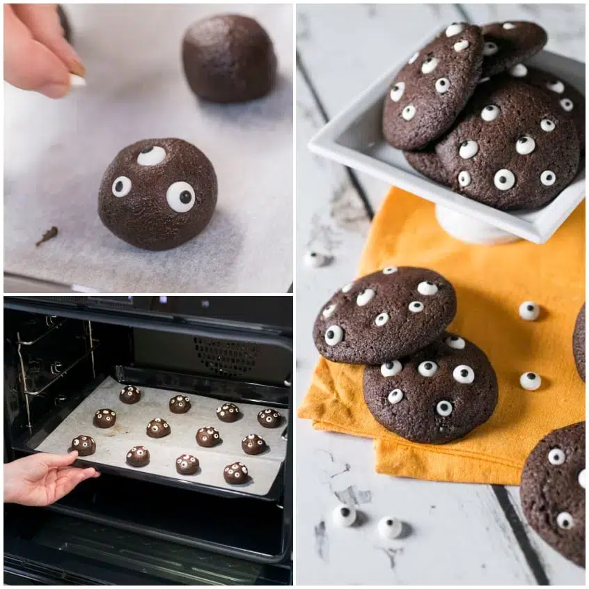 Palline di impasto al cacao con occhietti di zucchero applicati, pronte per essere infornate