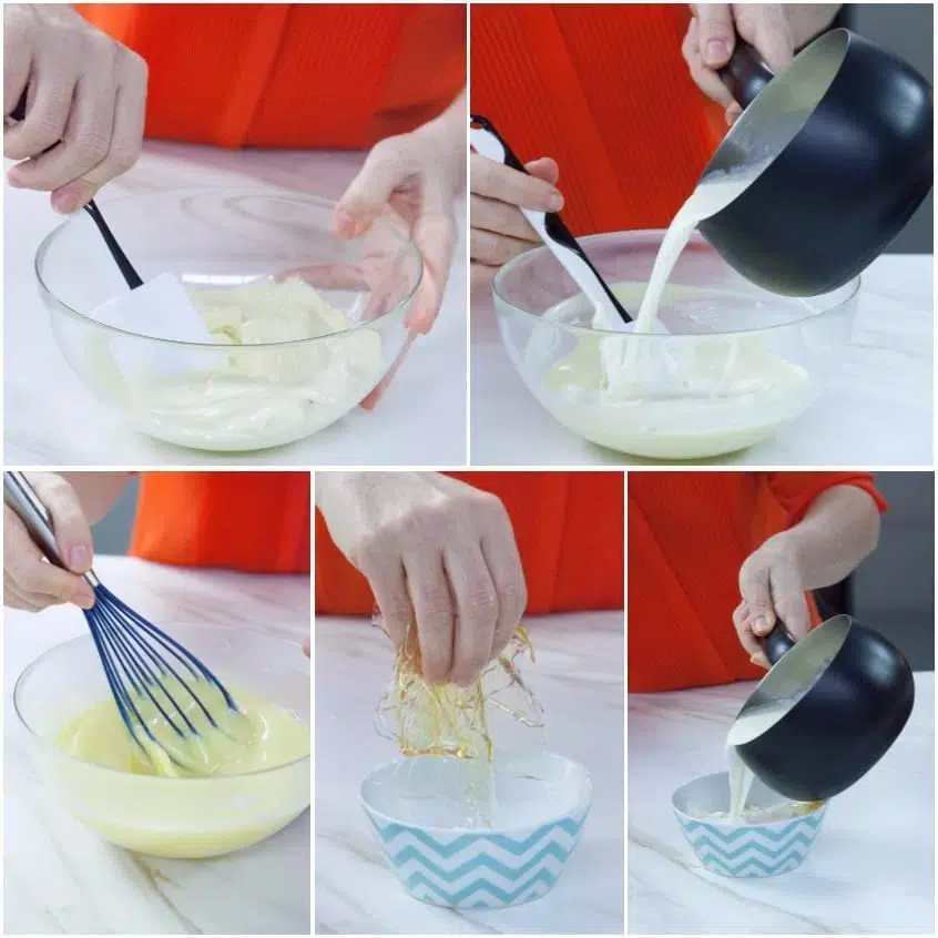 Fasi di preparazione della mousse: panna versata sul cioccolato e gelatina sciolta nel mestolino caldo