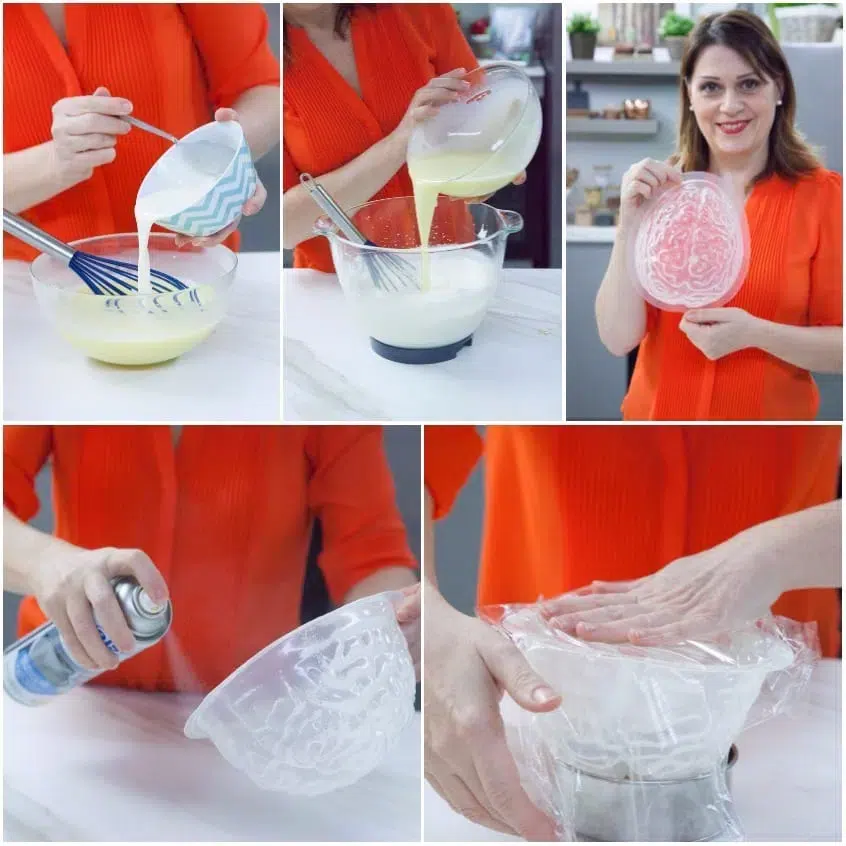 Composto versato in ciotola e stampo a forma di cervello foderato con pellicola trasparente