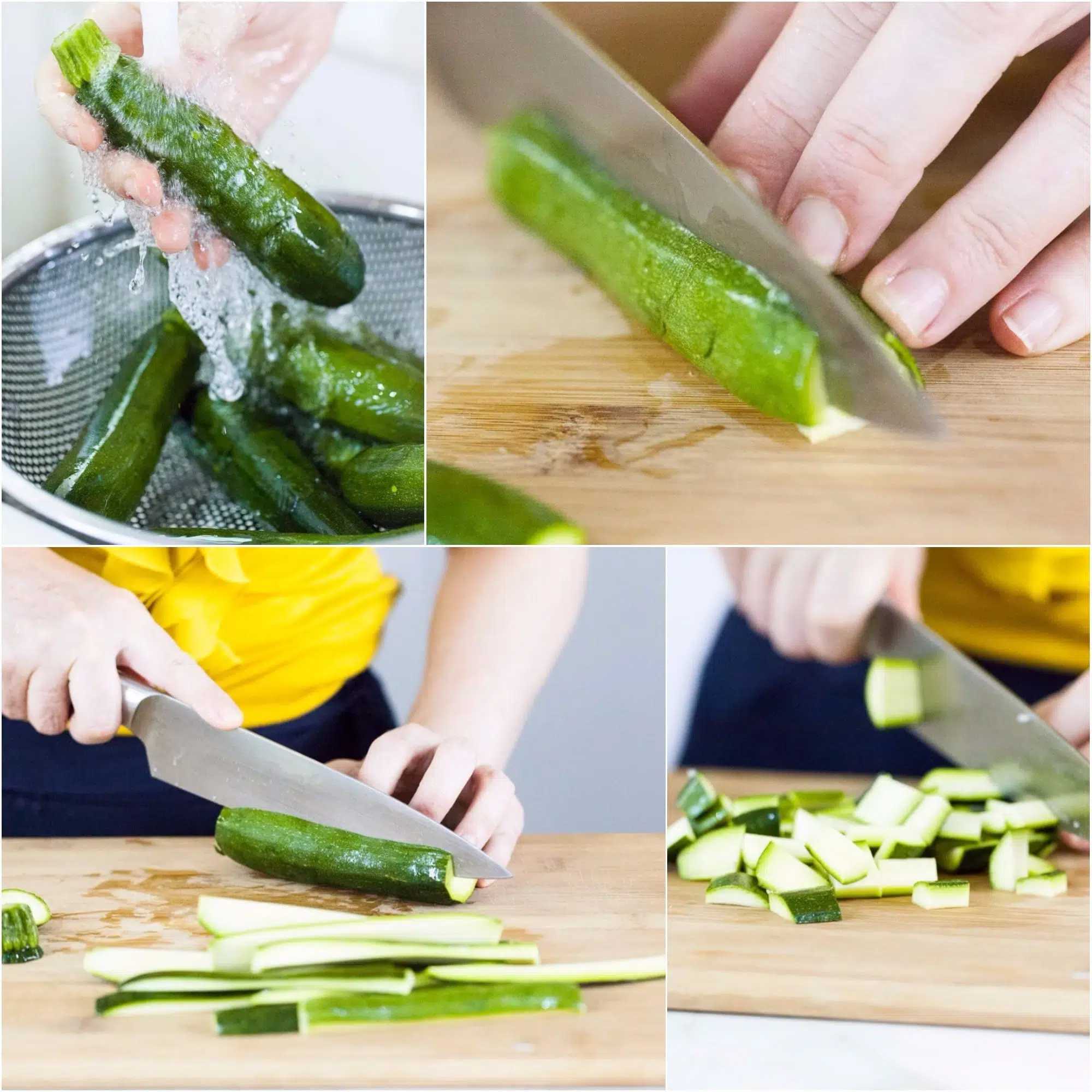 Zucchine lavate, tagliate a listarelle e poi a tocchetti su tagliere di legno