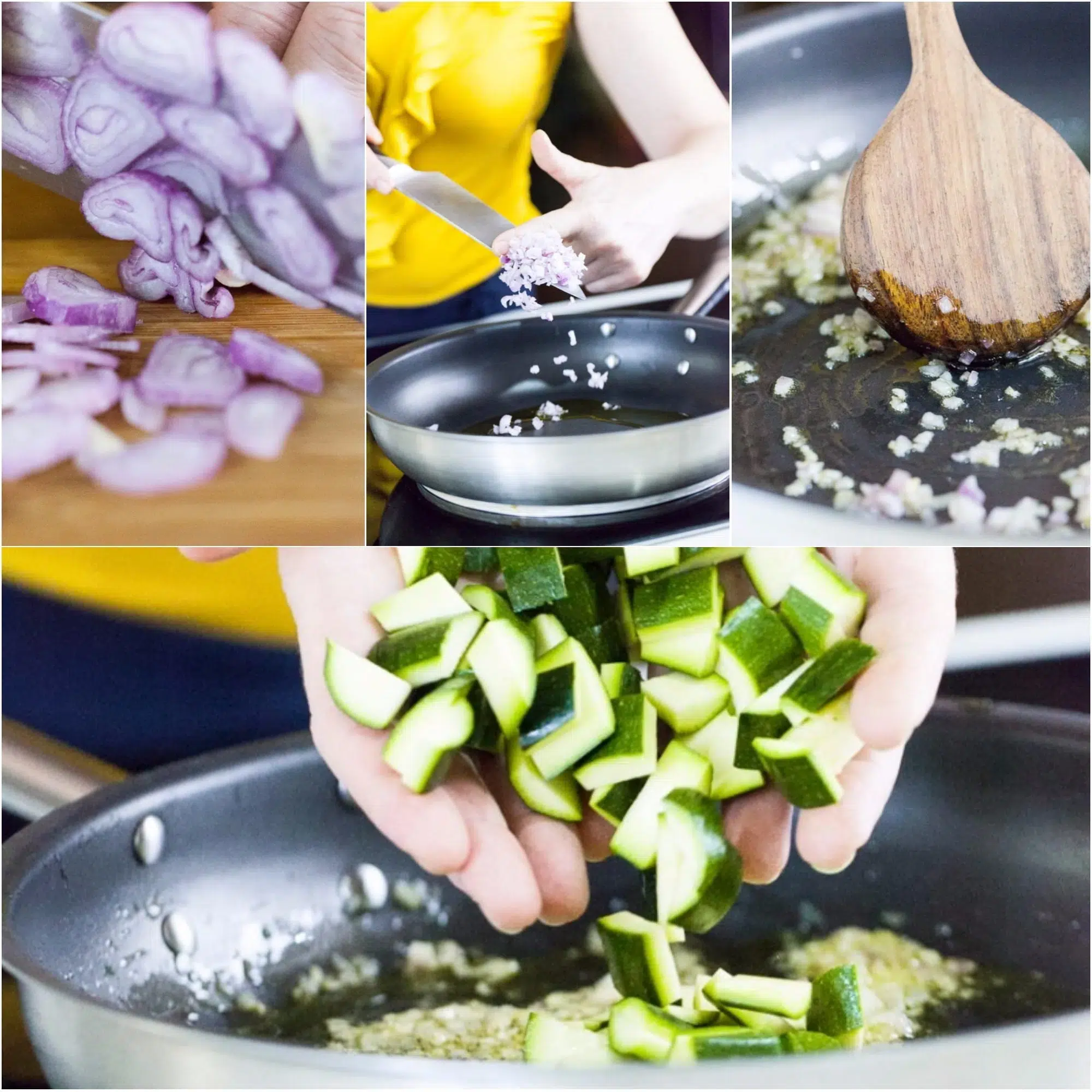 Scalogno tritato che soffrigge in padella prima di unire i tocchetti di zucchine