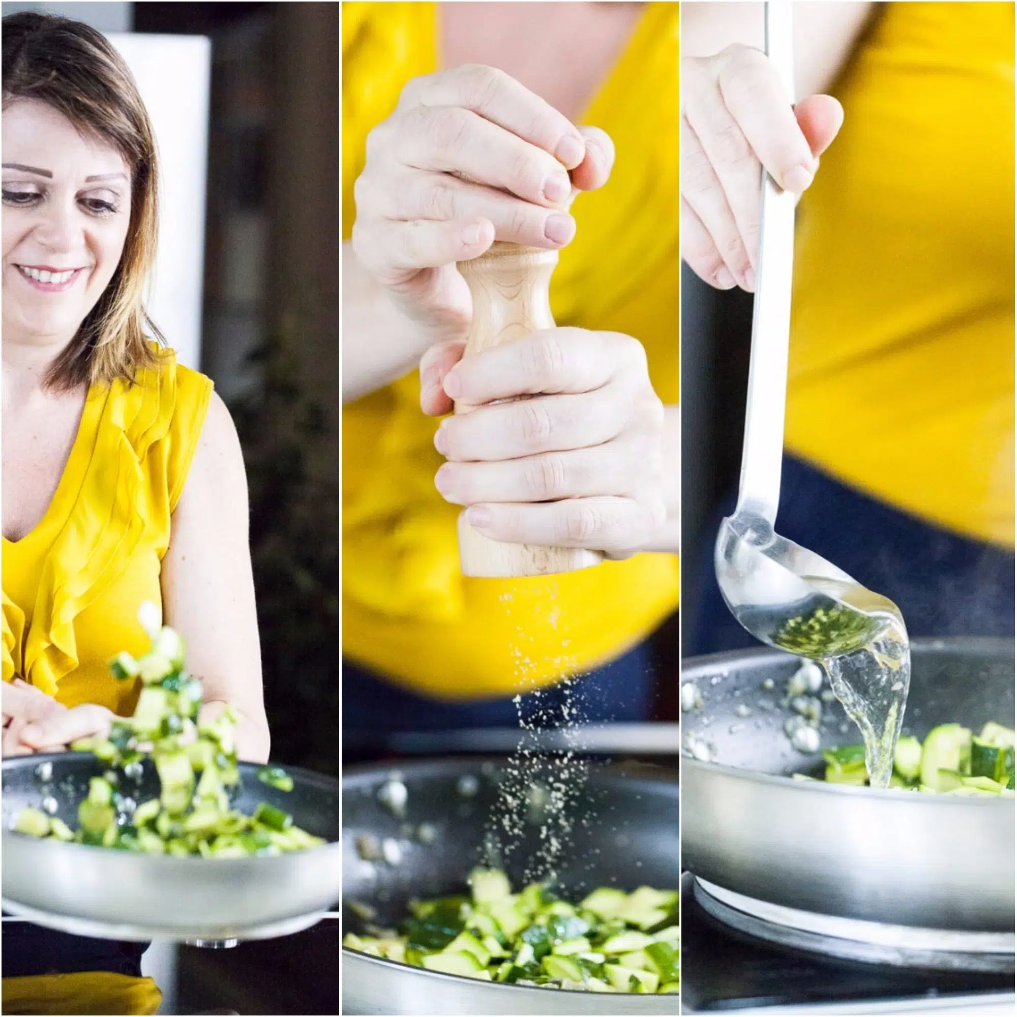 Zucchine a tocchetti salate e bagnate con un mestolo di brodo caldo in padella