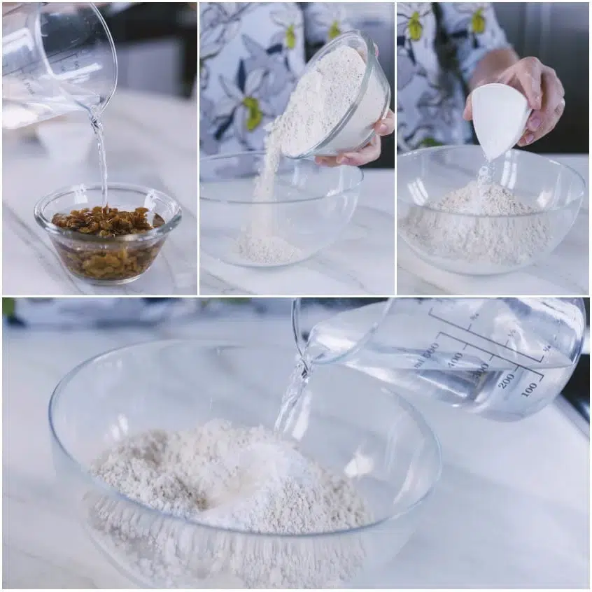 Uvetta in ammollo, farina di castagne versata in ciotola e acqua aggiunta a filo per la pastella