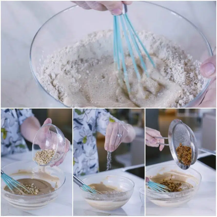Pastella per frittelle di castagne mescolata con frusta, poi arricchita con pinoli, sale e uvetta