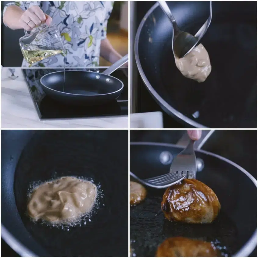 Frittelle di castagne versate a cucchiaiate nell'olio caldo e dorate in padella