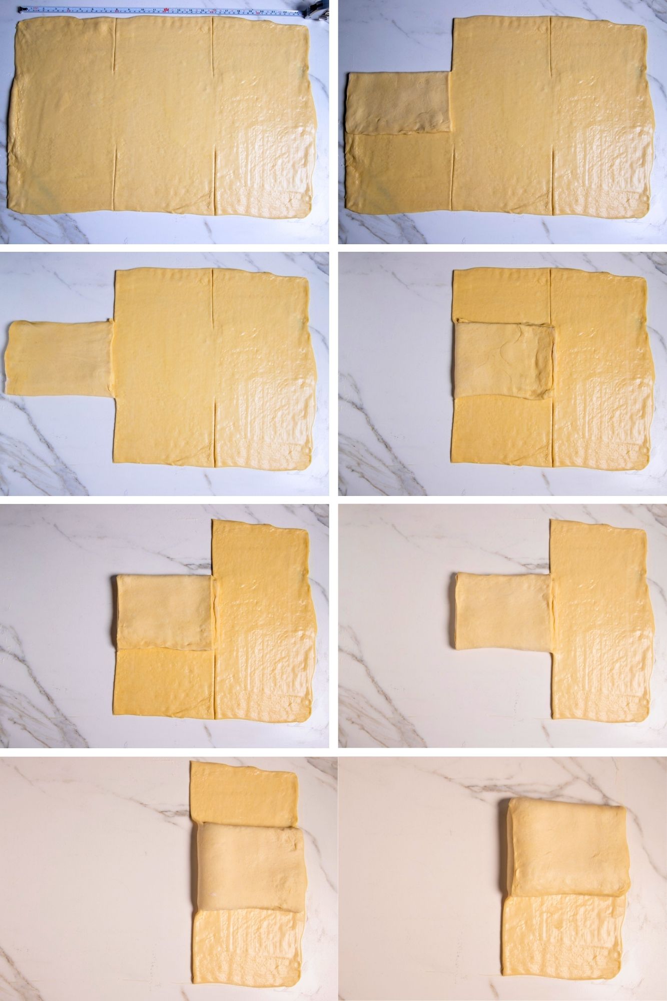 Sequenza di pieghe della pasta sfoglia divisa in quadrati per formare la treccia mochena