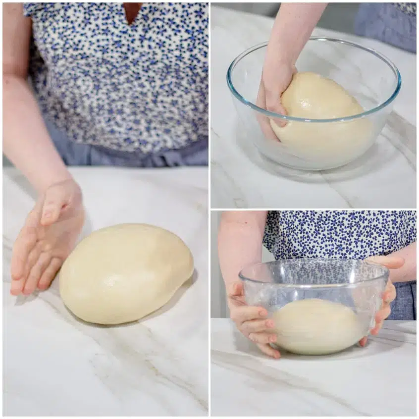 Impasto dei bao buns a forma di palla nella ciotola, pronto per la lievitazione