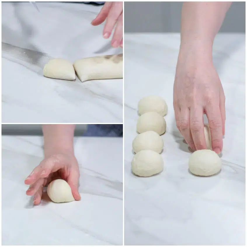 Palline di impasto per bao buns disposte su carta forno pronte a lievitare