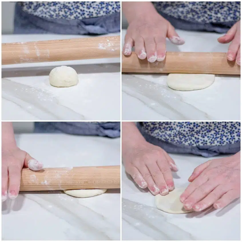 Disco di impasto per bao buns steso con il mattarello, spesso e rotondo