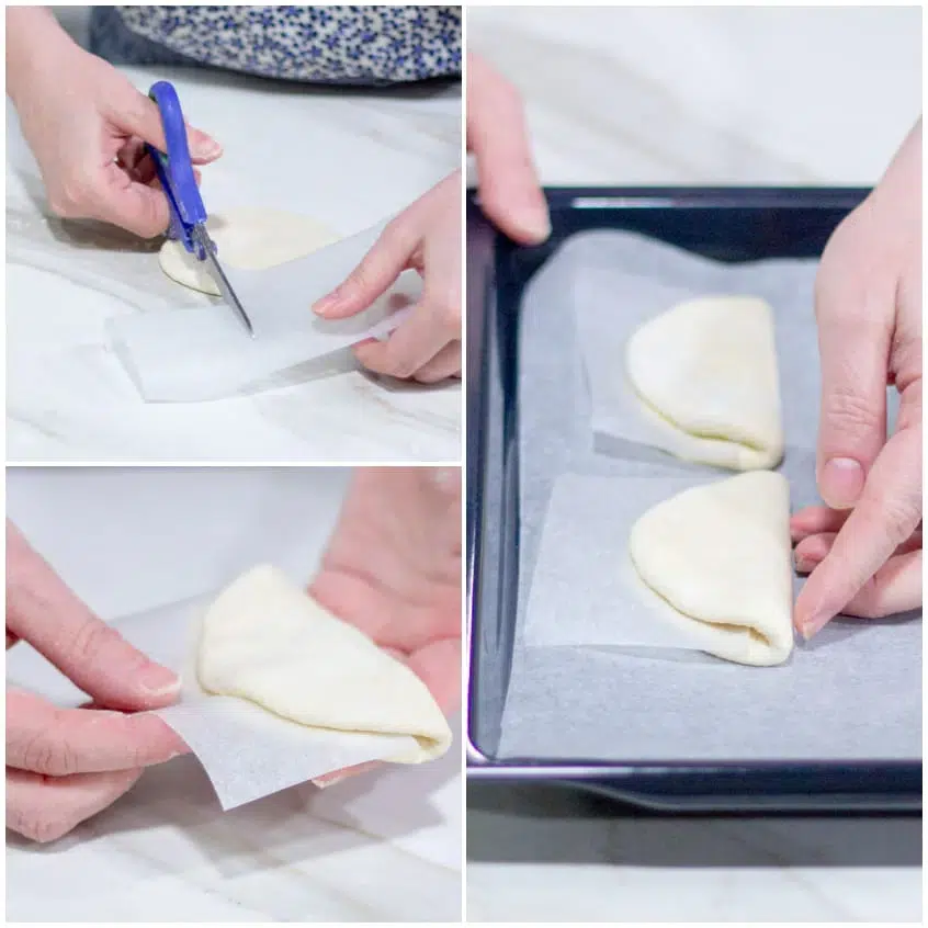 Disco di pasta per bao buns ripiegato a mezzaluna con carta forno inserita all'interno