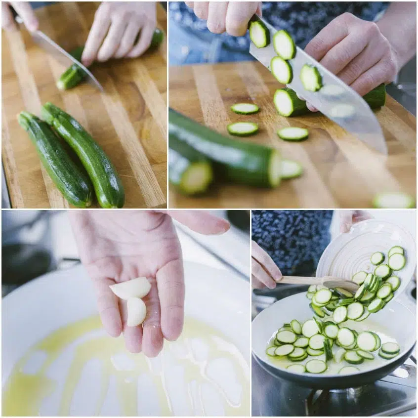 Zucchine tagliate a rondelle sottili, aglio e olio in padella per la frittata