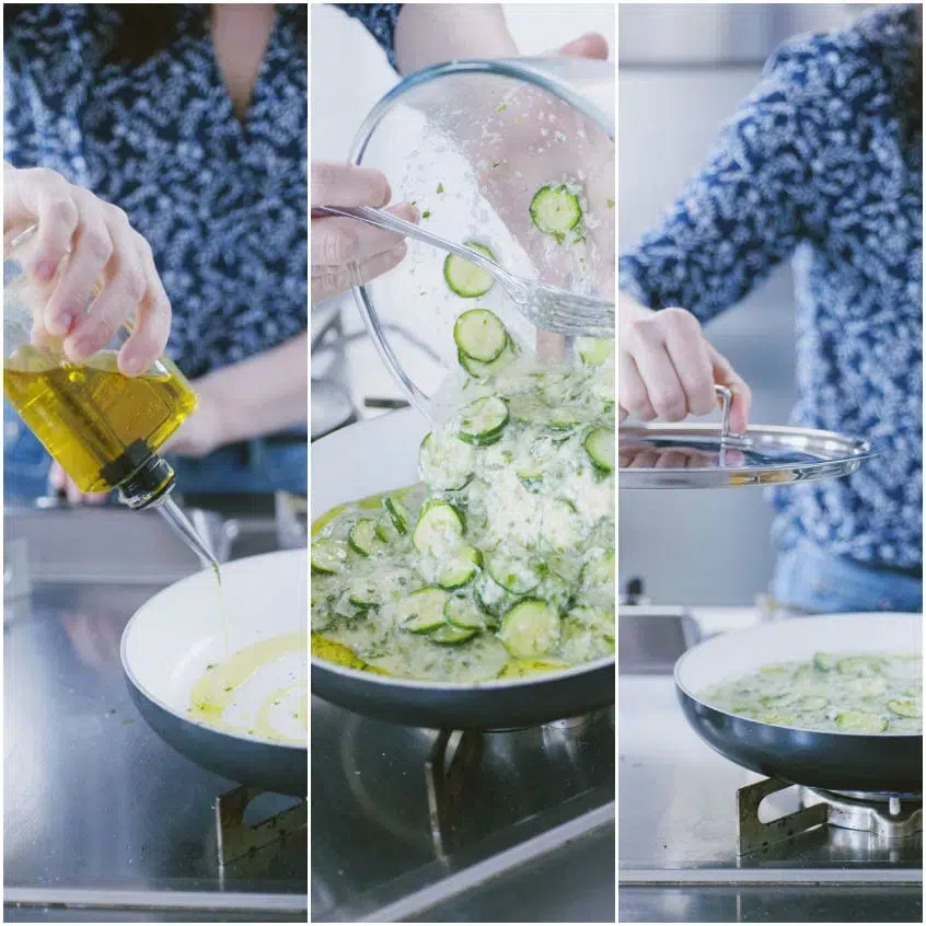 Olio versato in padella, composto di albumi e zucchine aggiunto e coperto con coperchio