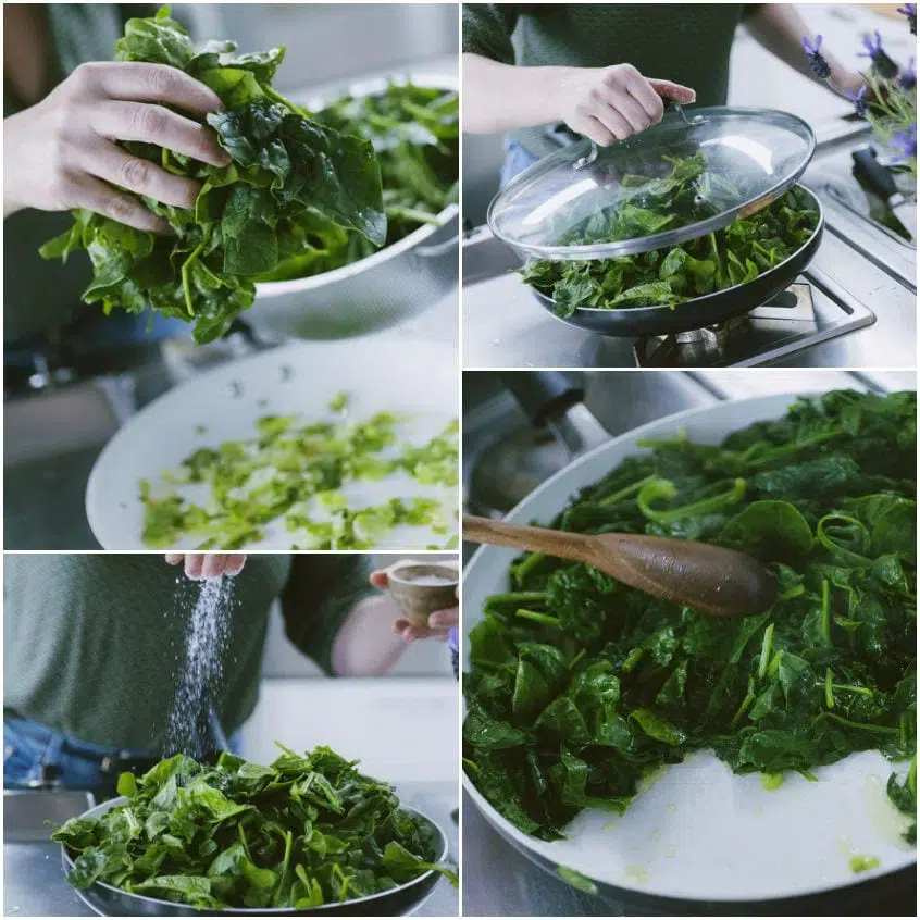 Spinaci cotti e strizzati in uno scolapasta, compatti e di un verde brillante