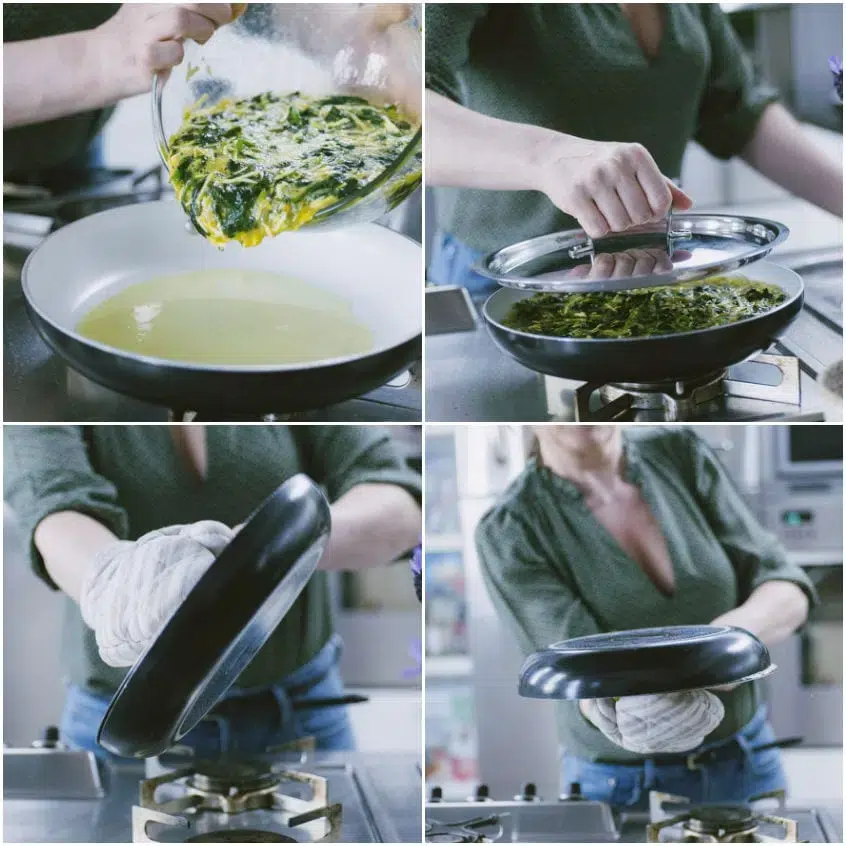 Frittata di spinaci e ricotta in padella con bordi dorati e centro ancora tremolante