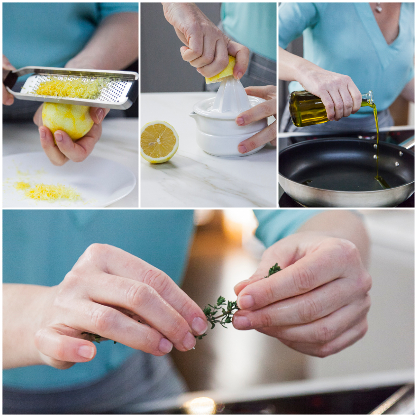 Olio extravergine scaldato in pentola con foglioline di timo fresche