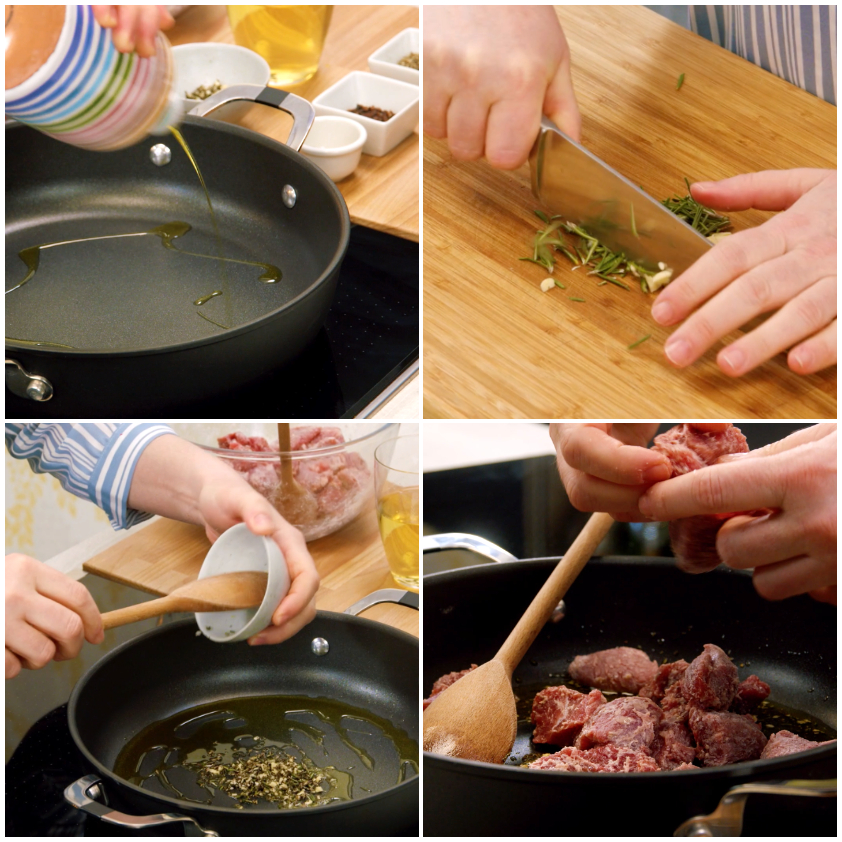 Preparazione del soffritto con aglio e rosmarino, poi bocconcini di agnello rosolati in padella