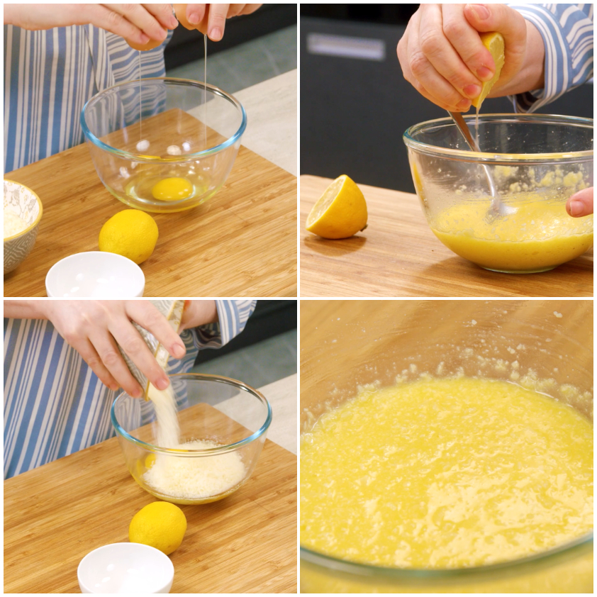Uova sbattute con succo di limone e pecorino grattugiato in una ciotola di vetro