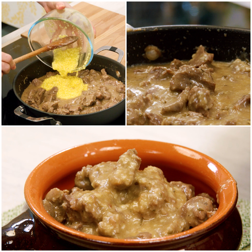 Crema di uovo e pecorino versata sull'agnello in umido per addensare il sugo