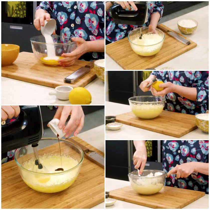 Sequenza di preparazione del composto con tuorli, zucchero, scorza di limone e vaniglia sbattuti a mano