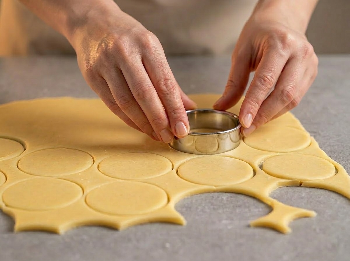 Mani che ritagliano dischetti di pasta frolla con un coppapasta rotondo