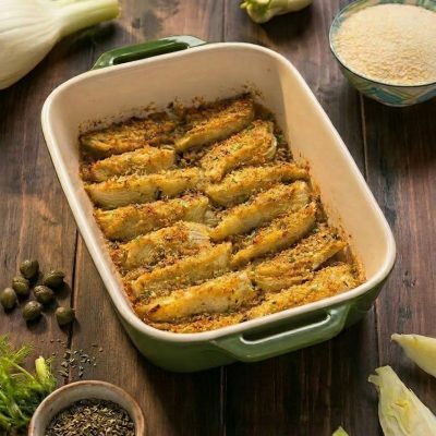 Finocchi gratinati al forno con crosticina dorata di pangrattato nella teglia da forno
