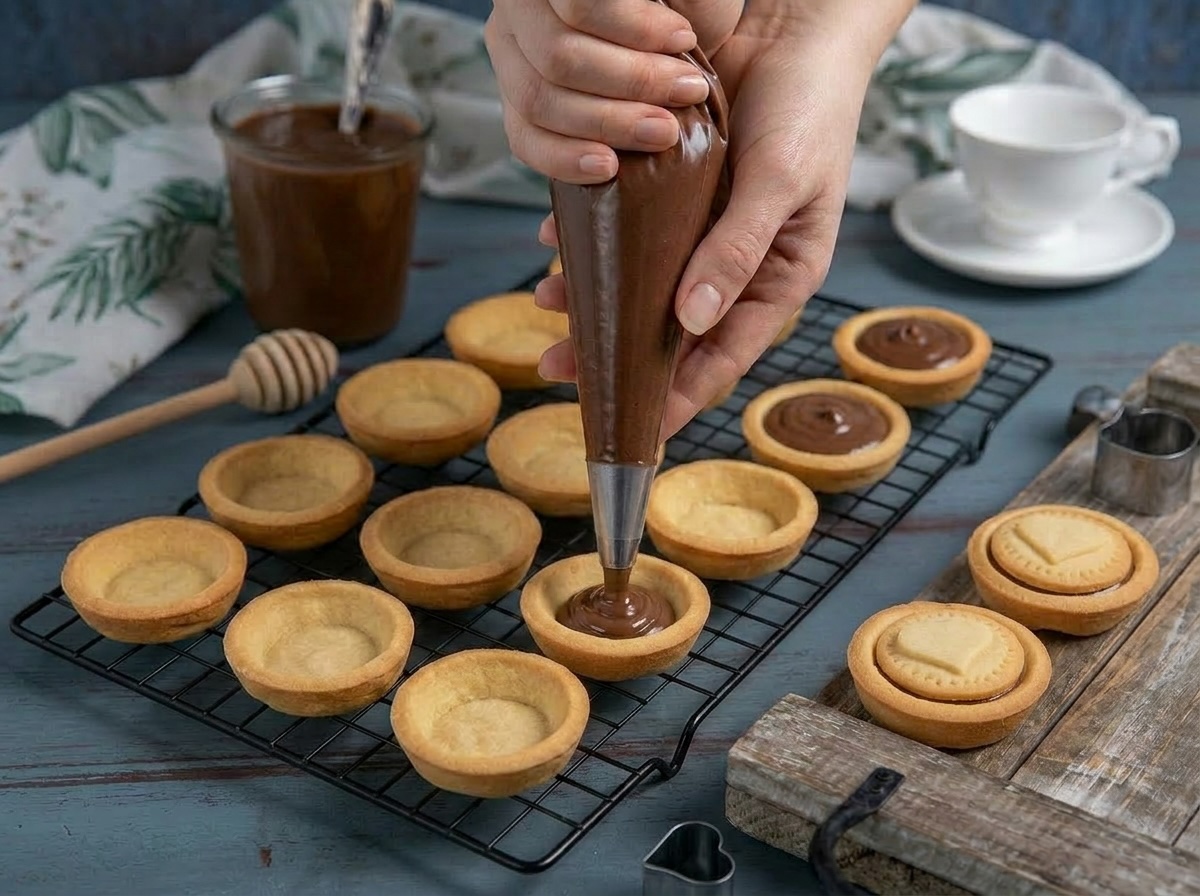Mani che farciscono gusci di frolla con crema al cioccolato usando una sac à poche