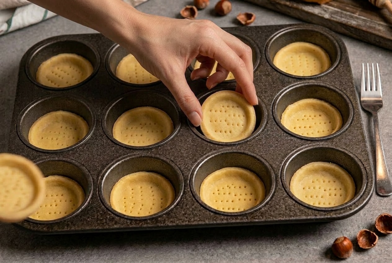 Mano che posiziona un dischetto di frolla bucherellata in uno stampo da muffin già parzialmente riempito