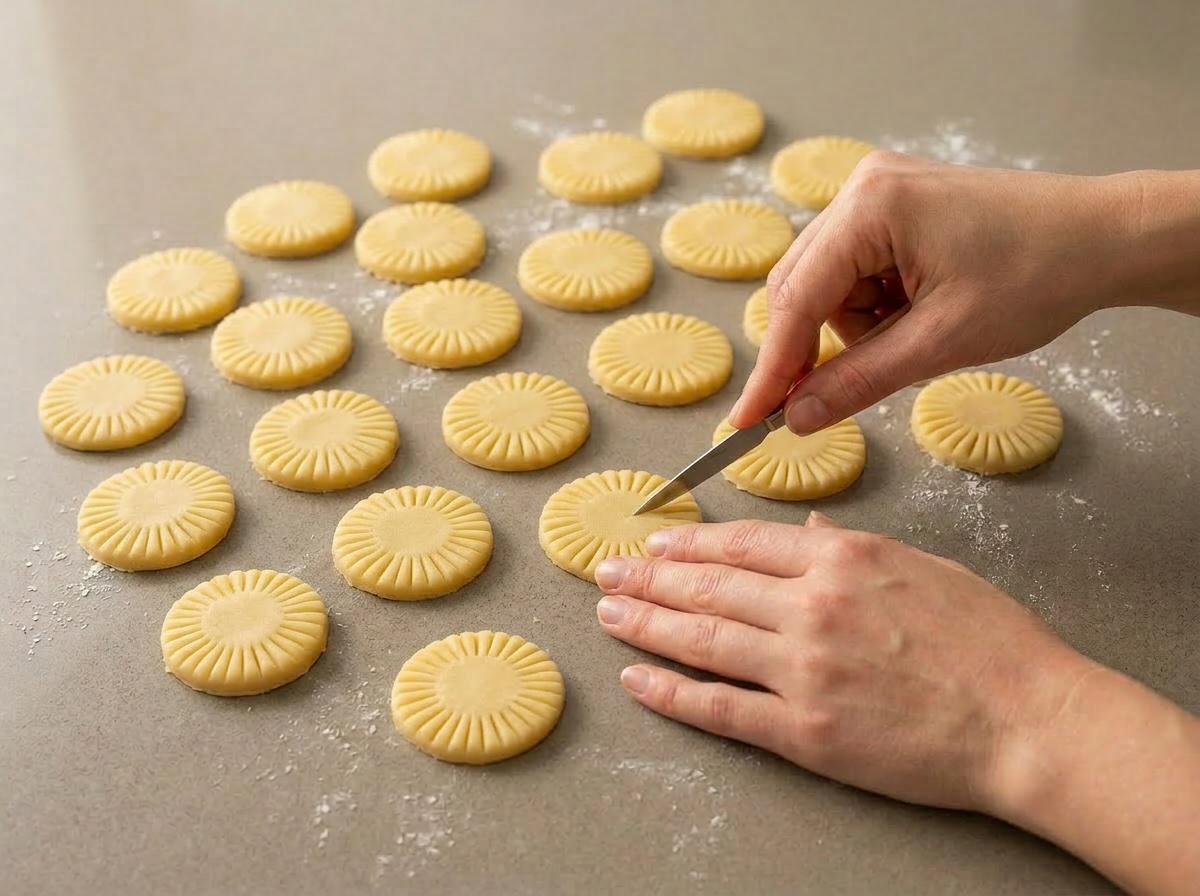Mani che incidono con un coltellino linee a raggiera sui dischi di frolla cruda