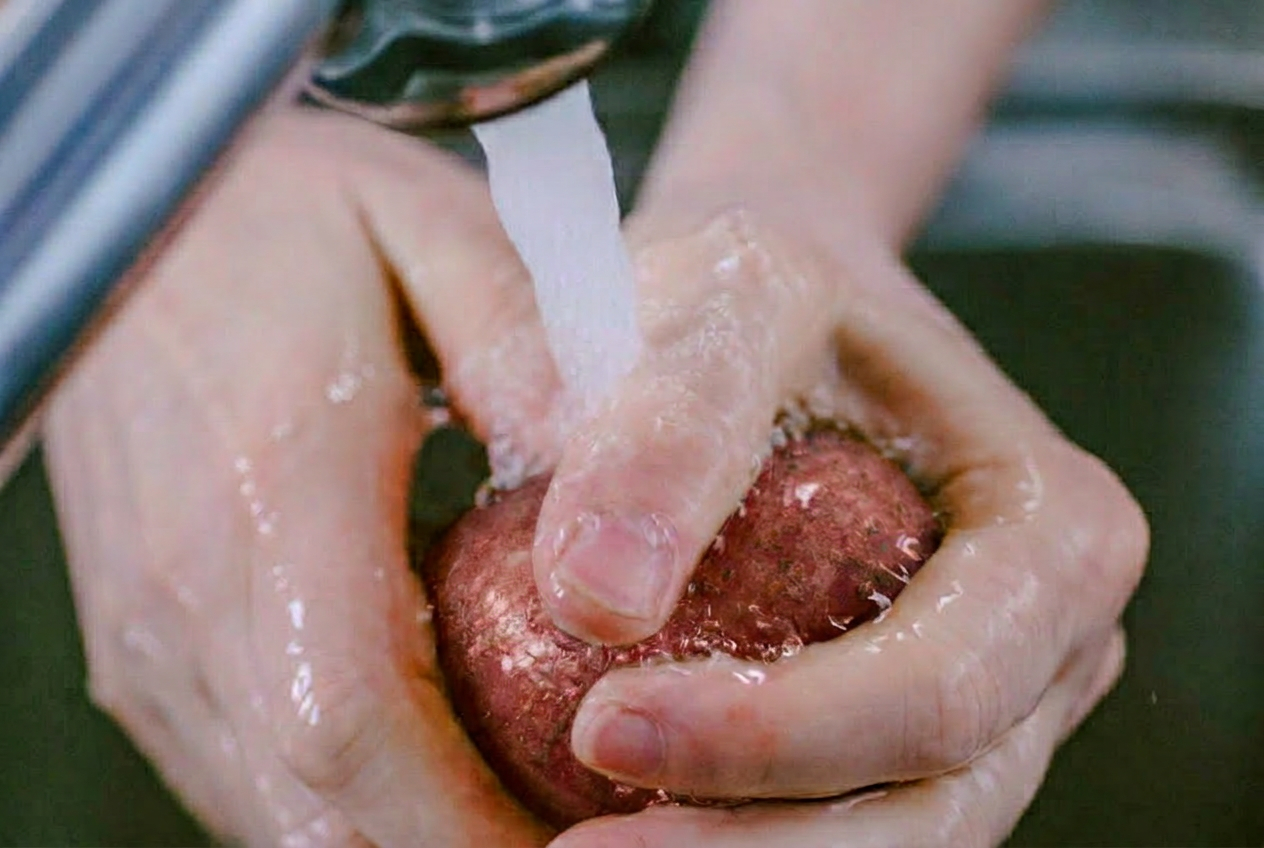 Mani che lavano una patata rossa sotto il getto d'acqua corrente