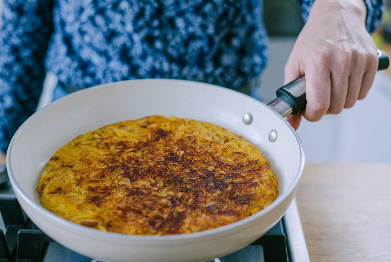 Rösti con crosta dorata e croccante appena formata in padella sul fuoco