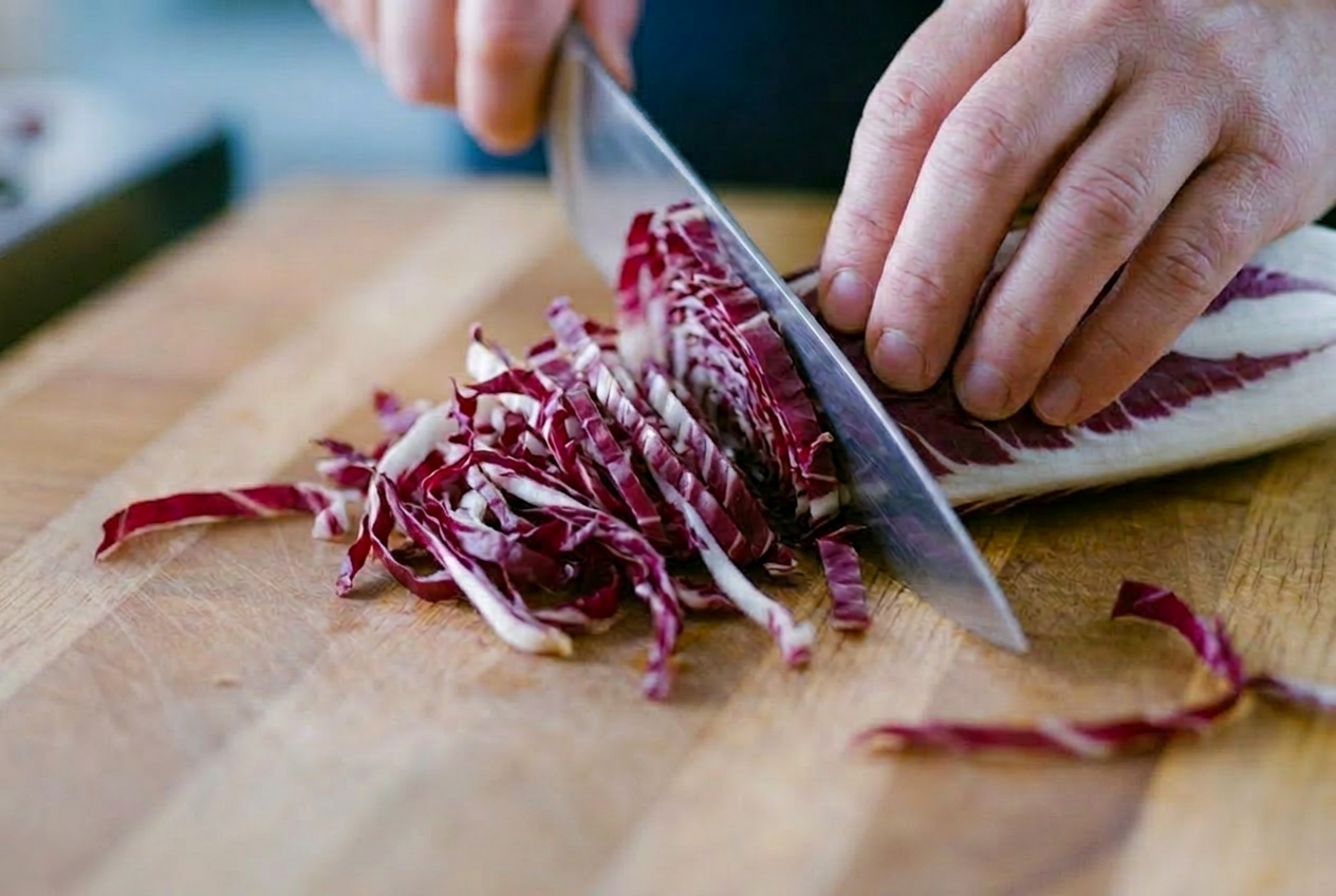 Radicchio di Treviso tagliato a striscioline sottili con un coltello sul tagliere