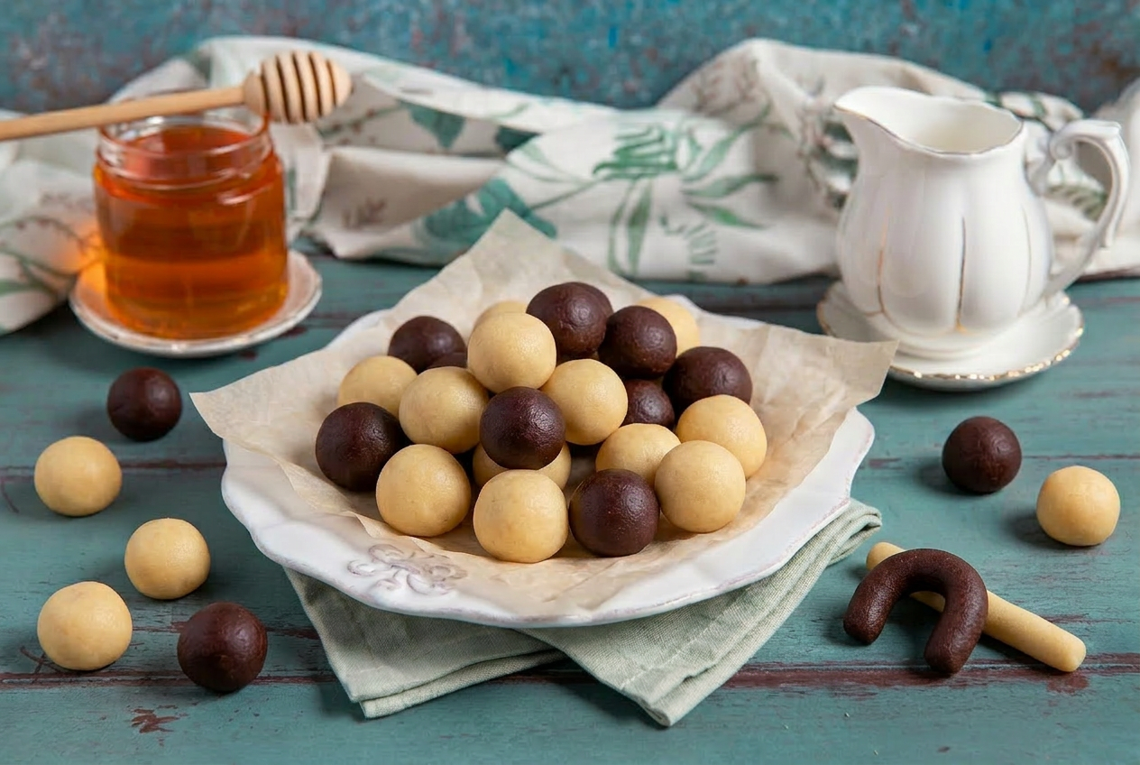Palline di impasto chiaro e al cacao disposte su carta forno, con un cordoncino piegato a U sul piano