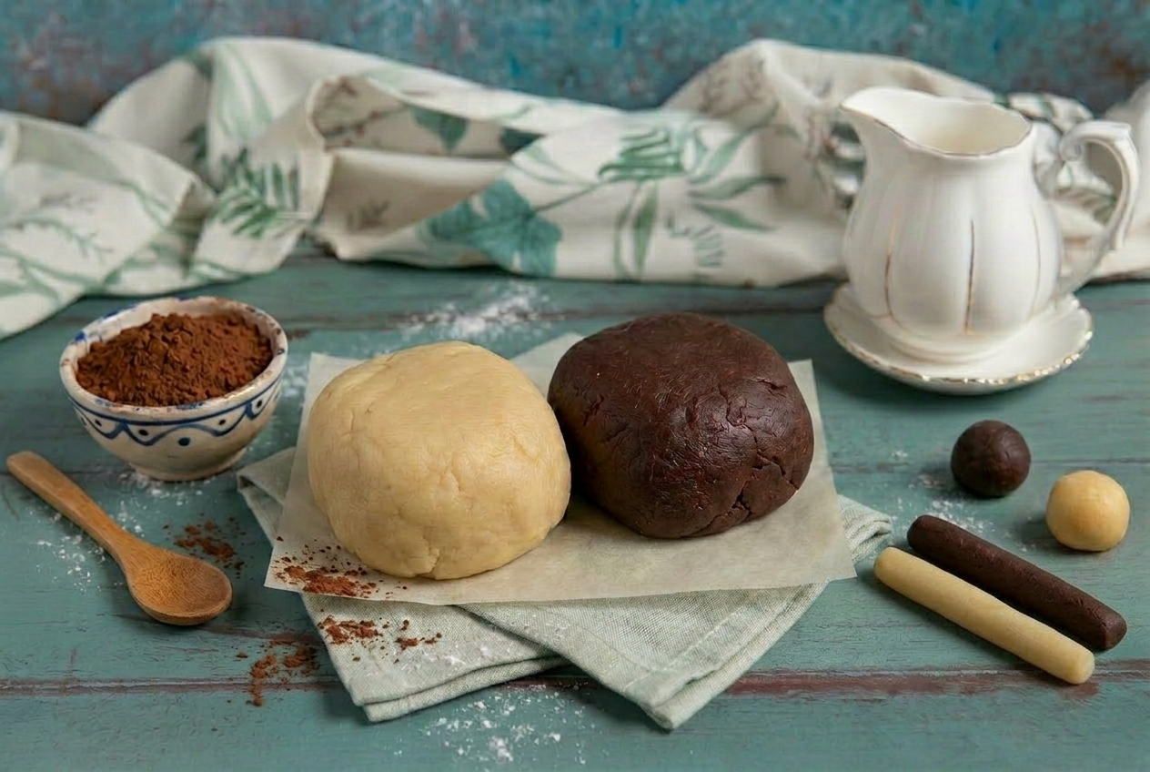 Due panetti di frolla, uno chiaro e uno al cacao, con cilindri e palline già formate accanto